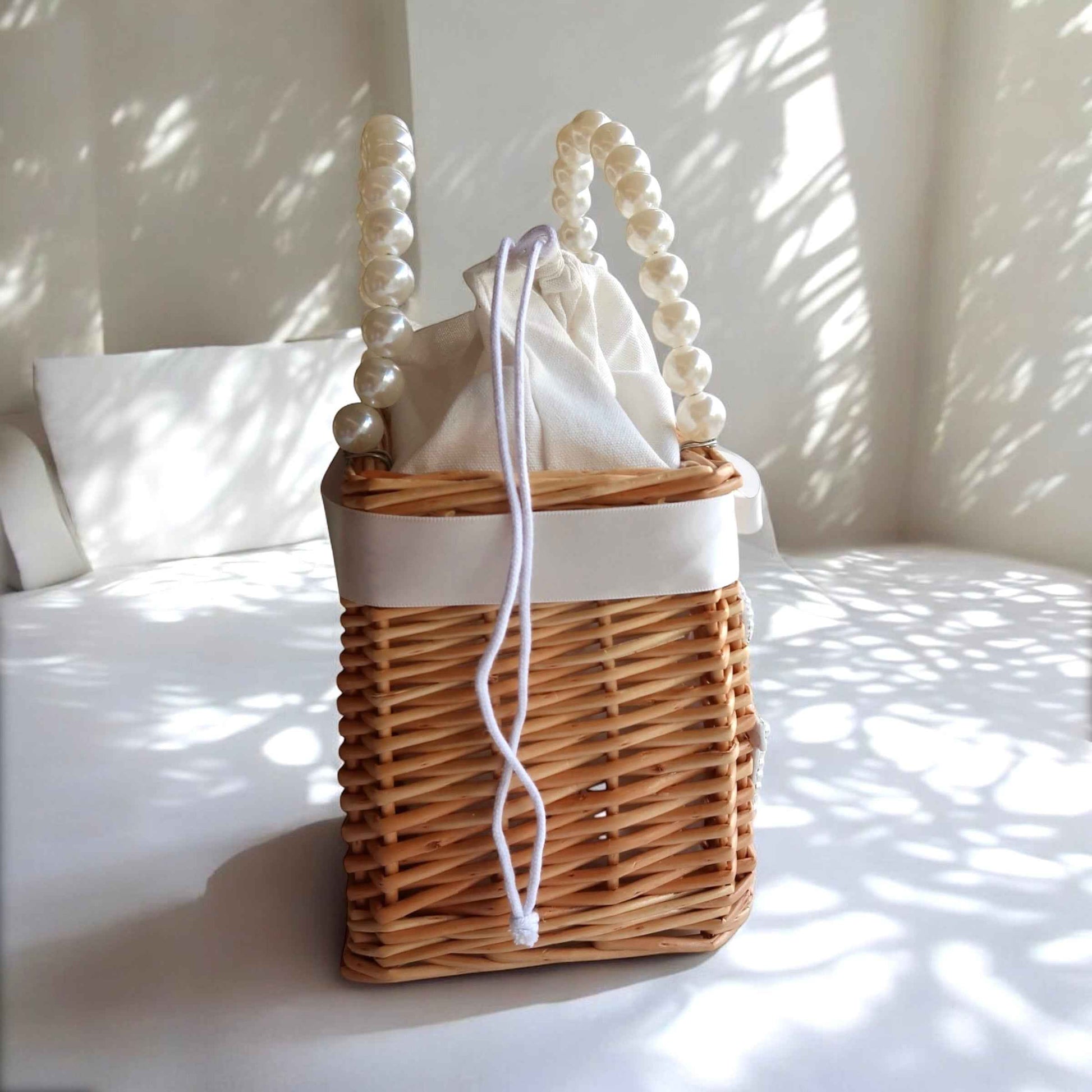 Wifey Pearl Handle Wicker Handbag