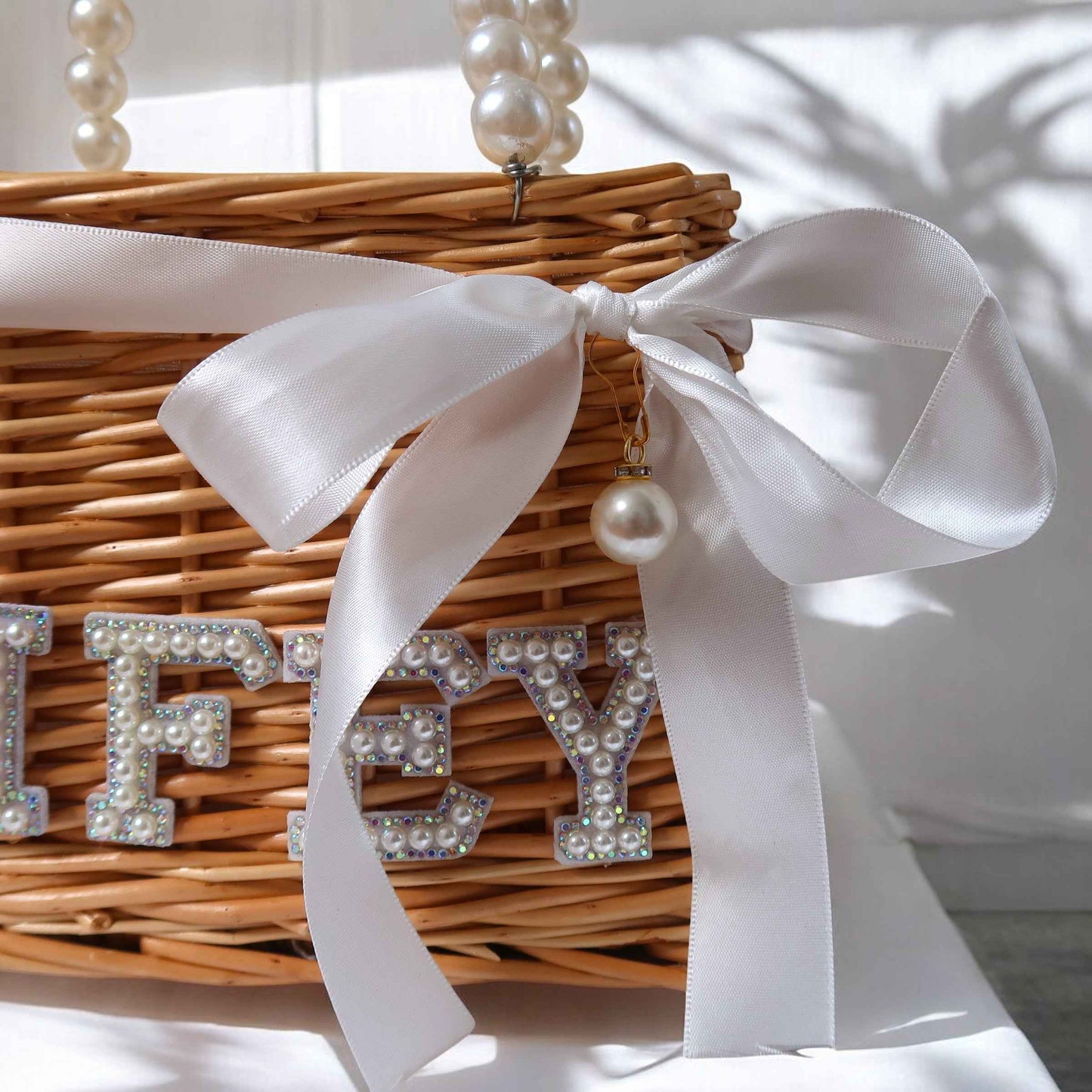 Wifey Pearl Handle Wicker Handbag