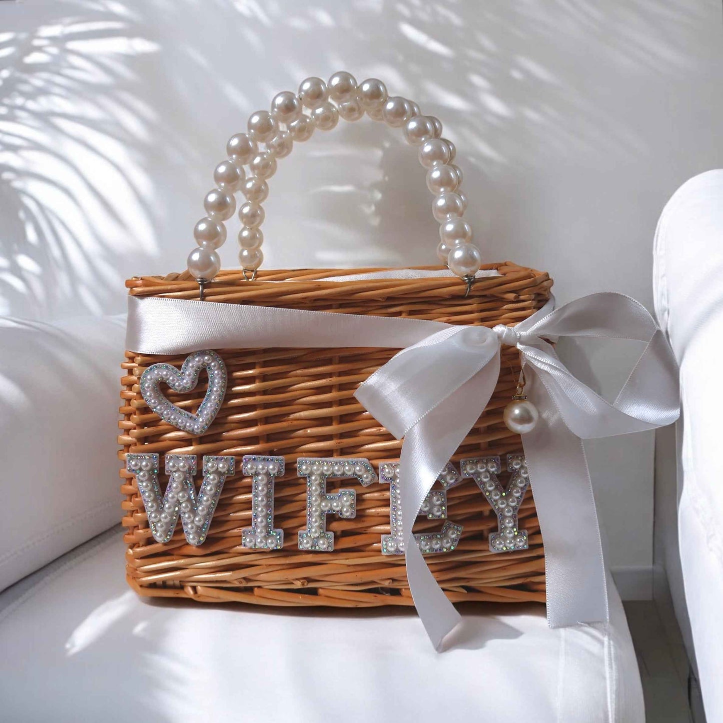 Wifey Pearl Handle Wicker Handbag