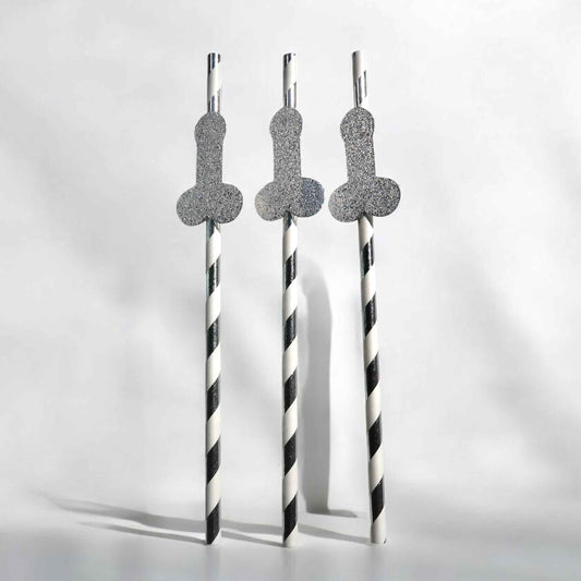 Pack of 10 Silver Glitter Willy Straws