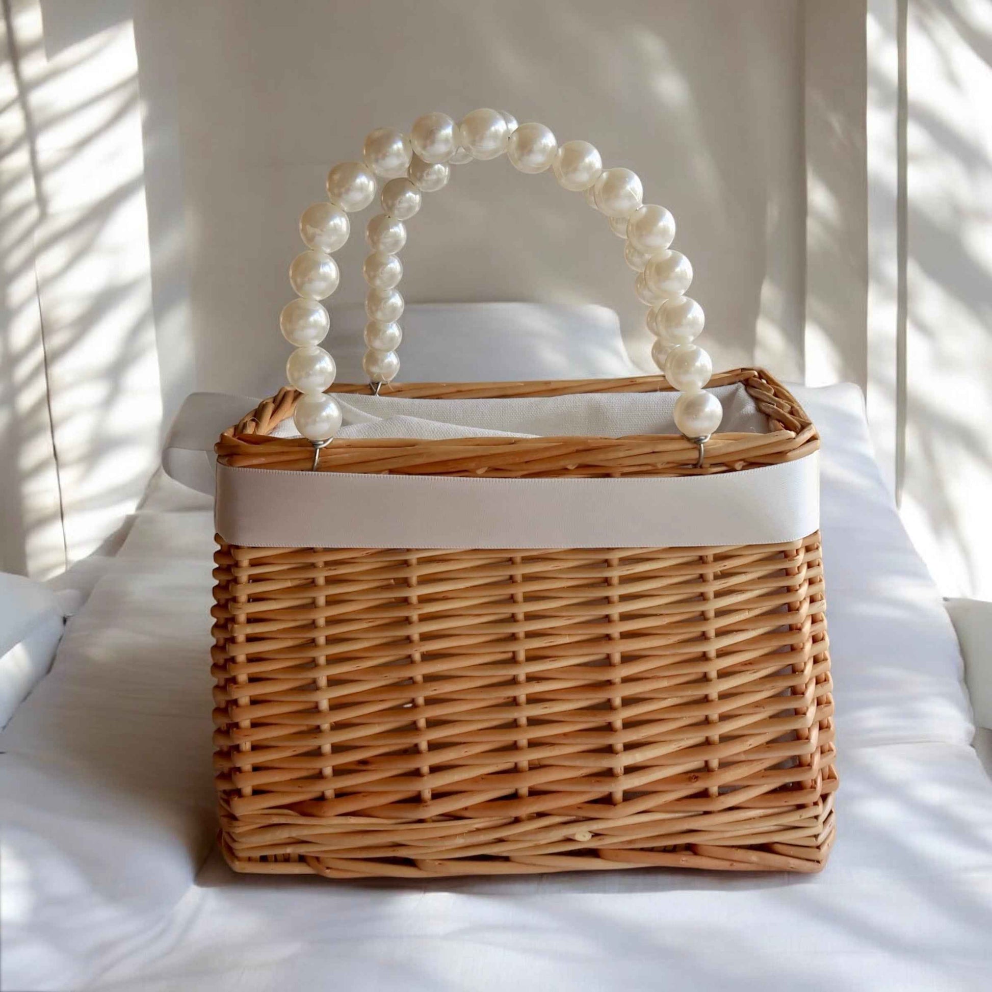 Wifey Pearl Handle Wicker Handbag